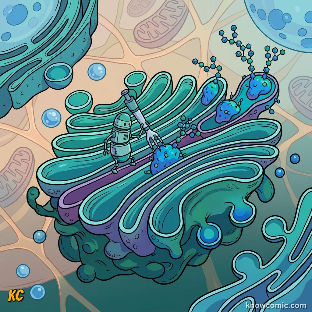 Comic panel about golgi: the mailroom: Trans Face, educational kids illustration