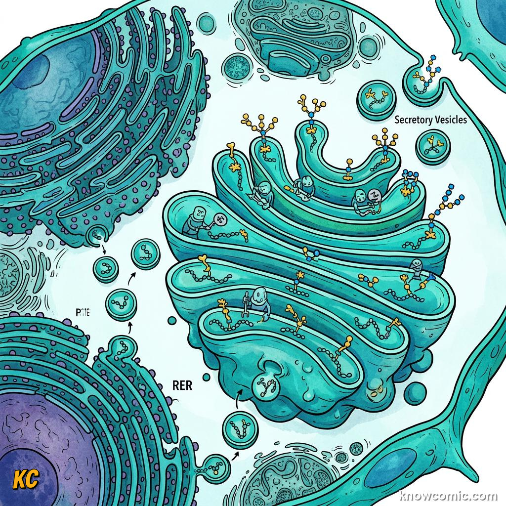 Comic panel about golgi: the mailroom: Er Vesicles, educational kids illustration