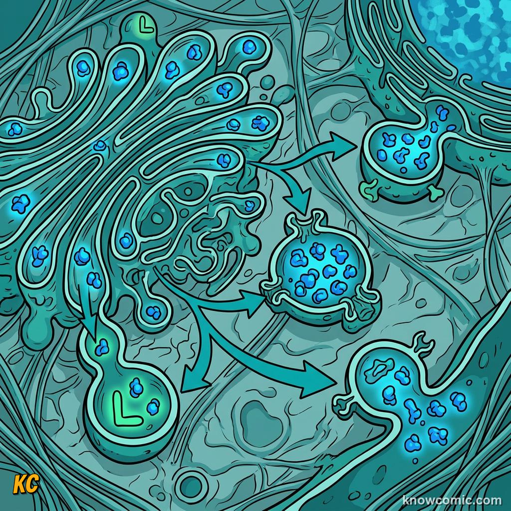 Comic panel about golgi: the mailroom: Fusion, educational kids illustration