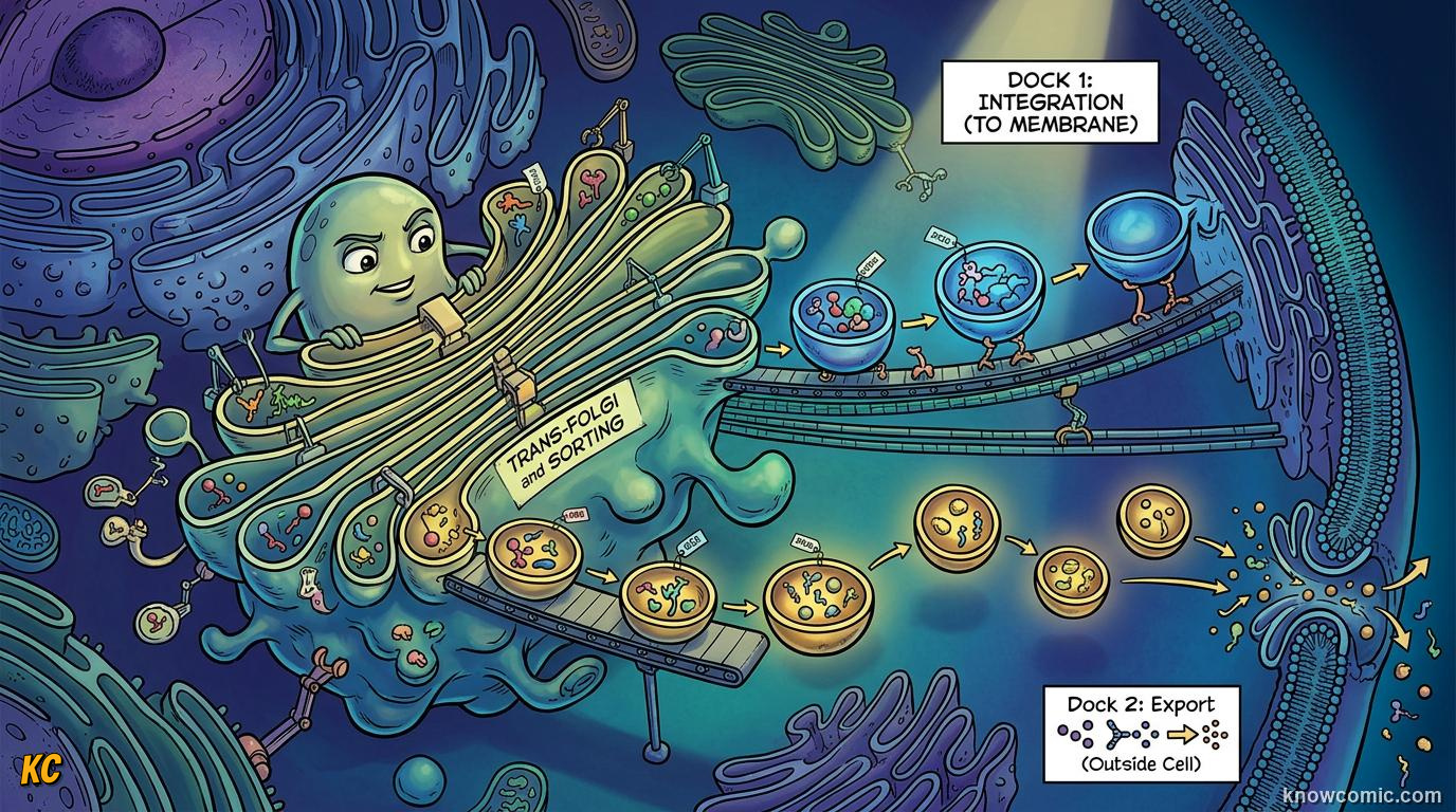 Comic panel about golgi: the mailroom: Rough Er Feeds The Golgi, Finishing Touches, educational kids illustration