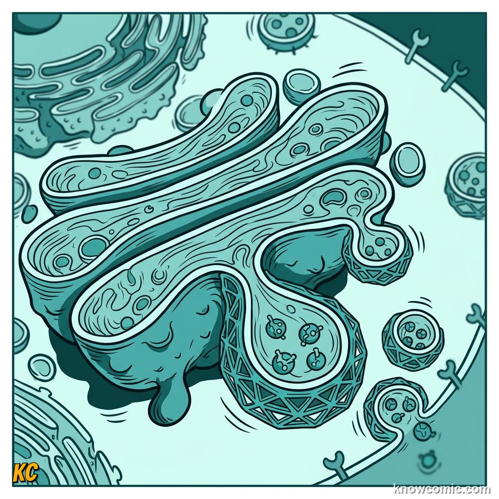 Comic panel about golgi: the mailroom: Add Tags, Change Shape, Glycosylation, educational kids illustration