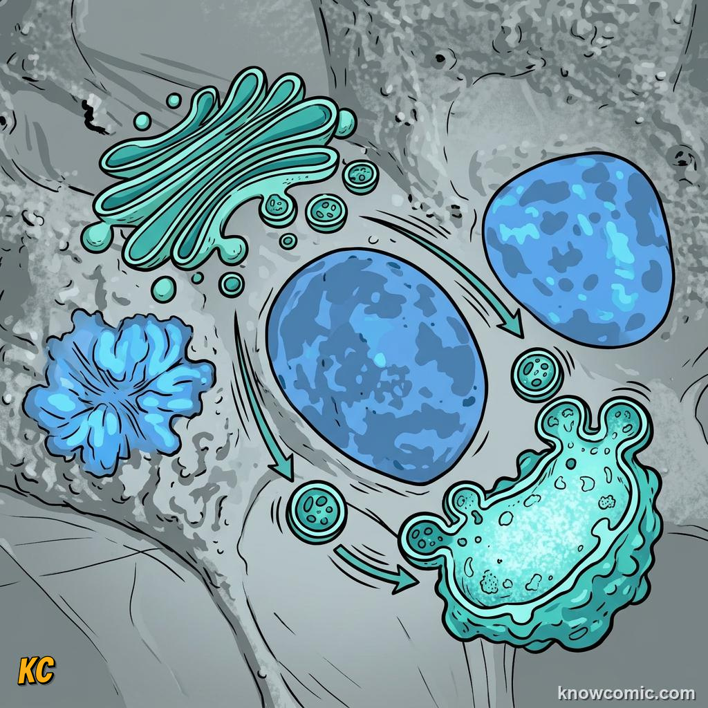 Comic panel about golgi: the mailroom: Enzymes, educational kids illustration