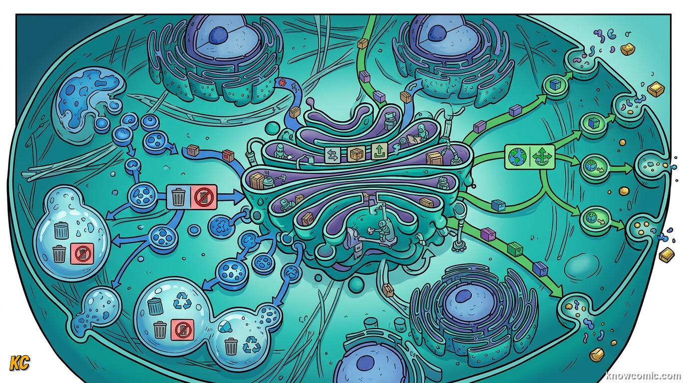 Comic panel about golgi: the mailroom: Delivery Day, educational kids illustration