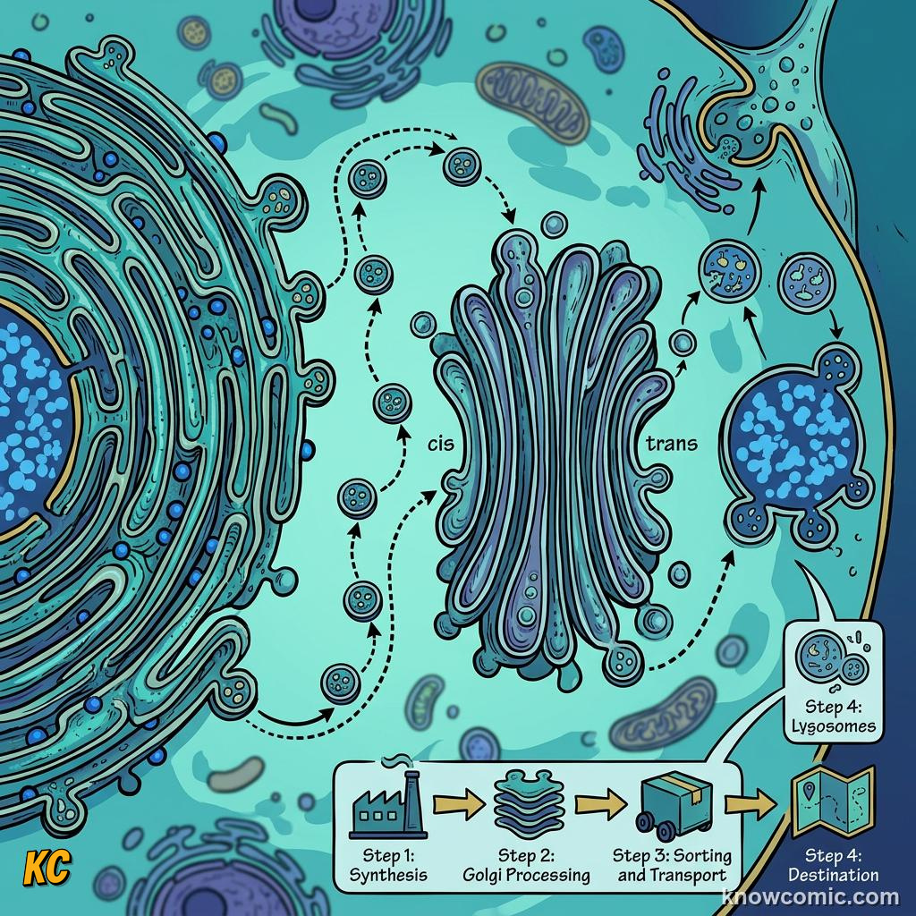 Comic panel about golgi: the mailroom: Vesicles Carry The Final Package, Exocytosis, educational kids illustration