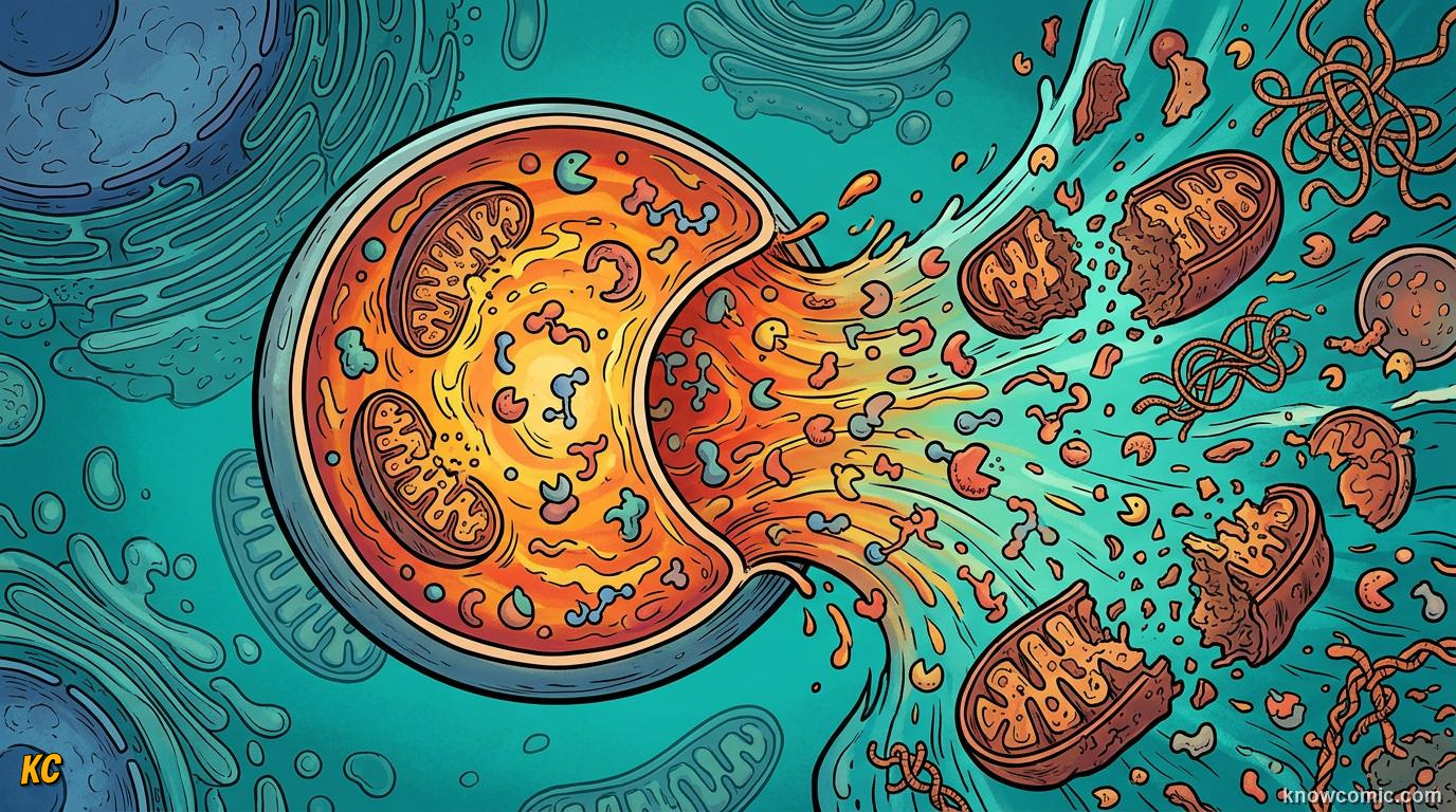 Comic panel about lysosomes: recycler: The Hook, educational kids illustration