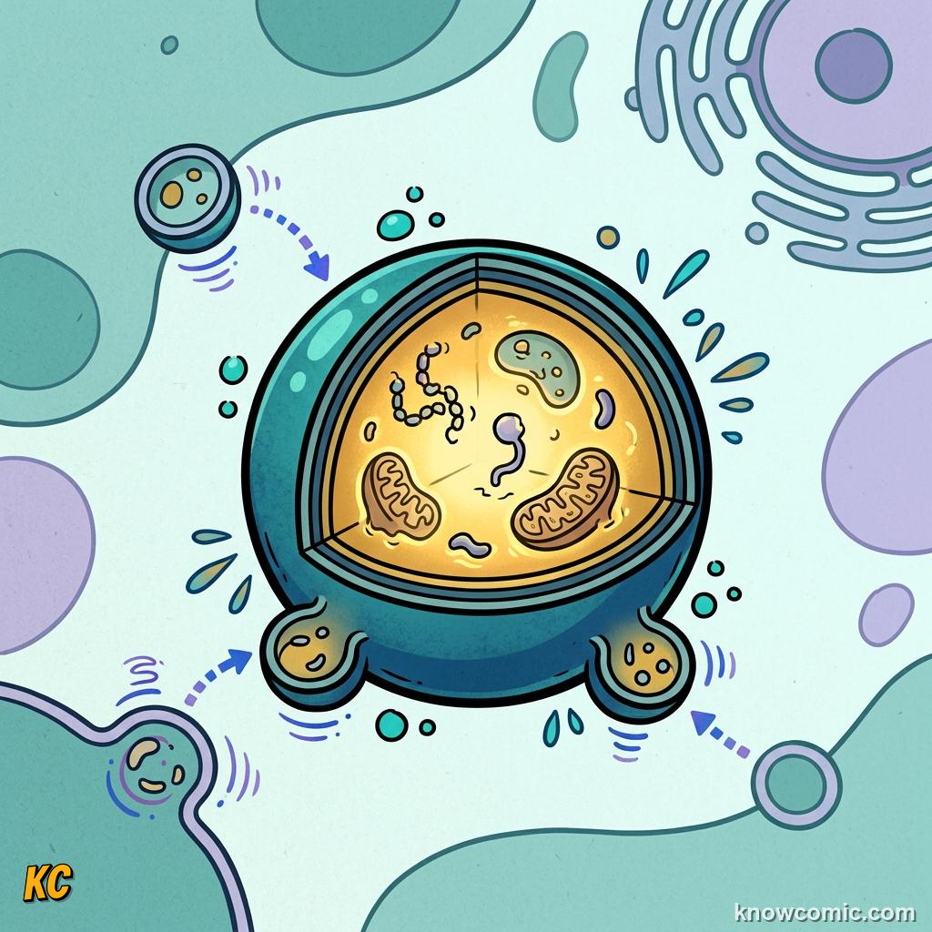 Comic panel about lysosomes: recycler: The Cell'S Digestive Stomach, Membrane, educational kids illustration