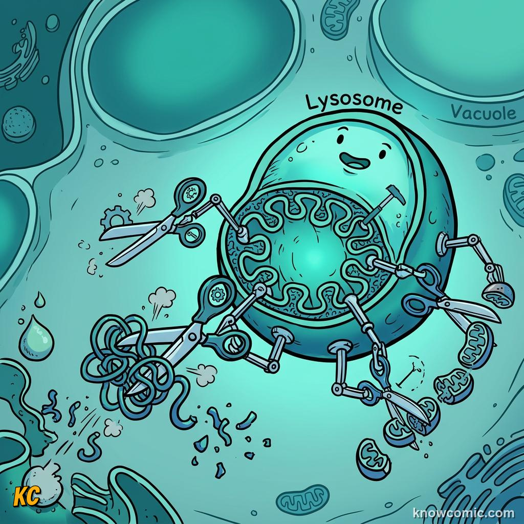 Comic panel about lysosomes: recycler: Enzymes, educational kids illustration