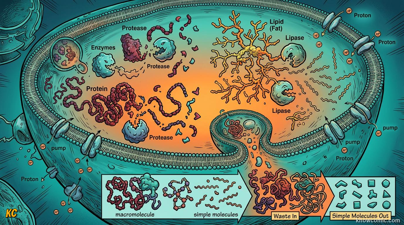 Comic panel about lysosomes: recycler: Low Ph Power, educational kids illustration
