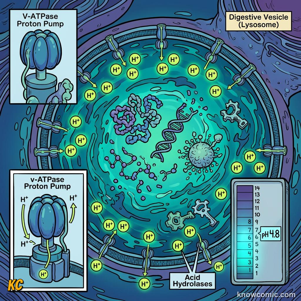 Comic panel about lysosomes: recycler: Acid Makes Enzymes Work, Ph 4.5, educational kids illustration