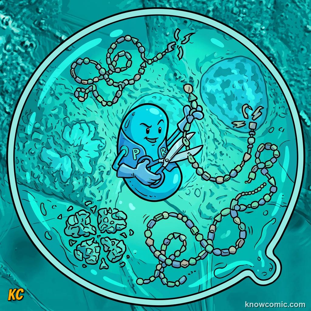 Comic panel about lysosomes: recycler: Hydrolysis, educational kids illustration