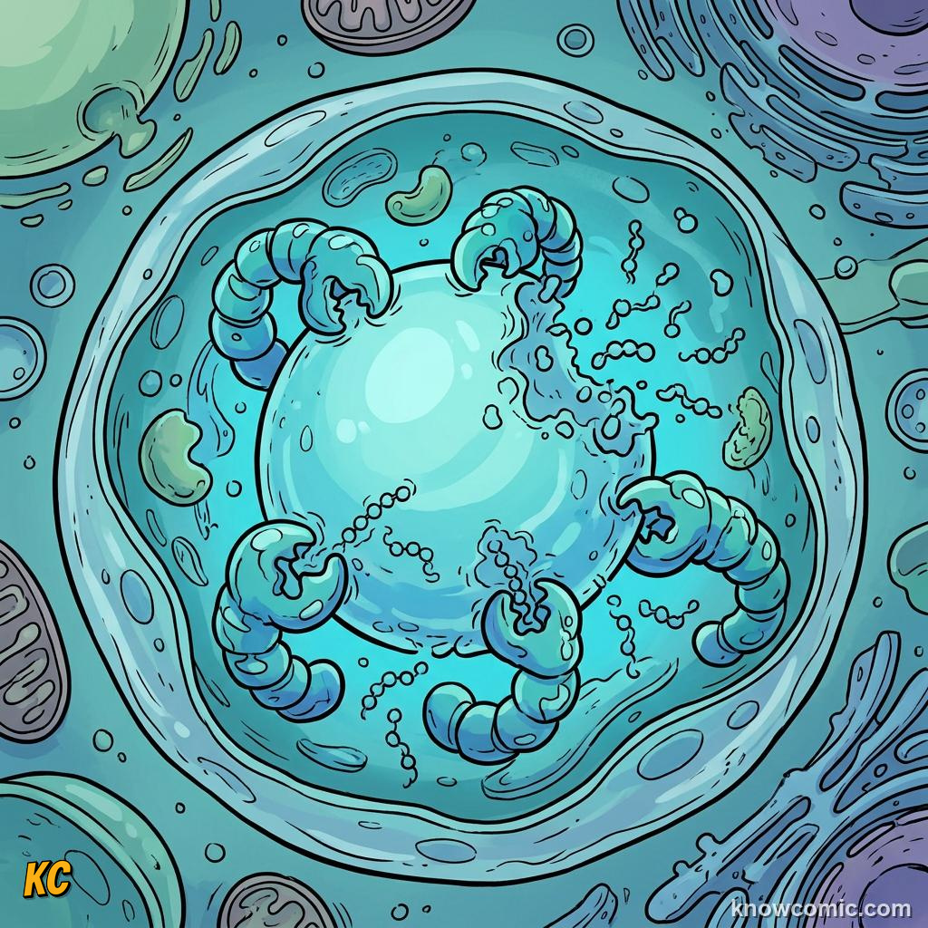 Comic panel about lysosomes: recycler: Safety, educational kids illustration