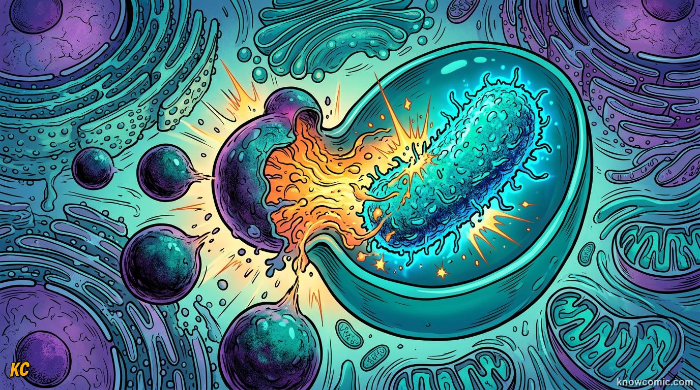 Comic panel about lysosomes: recycler: Defense Crew, educational kids illustration
