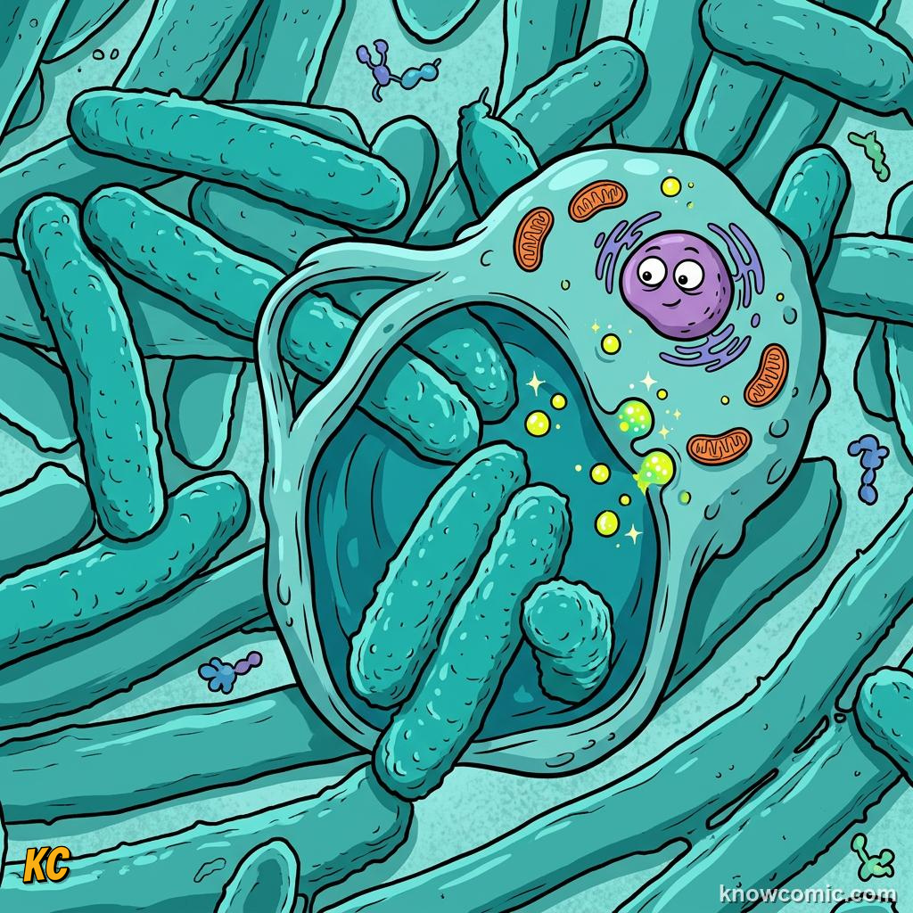 Comic panel about lysosomes: recycler: Engulf, educational kids illustration