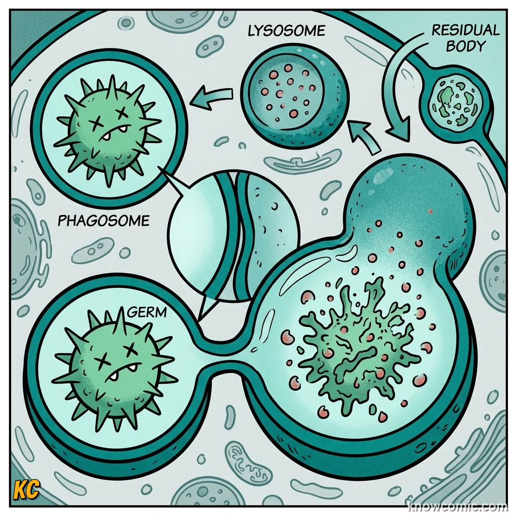 Comic panel about lysosomes: recycler: Fuse, educational kids illustration