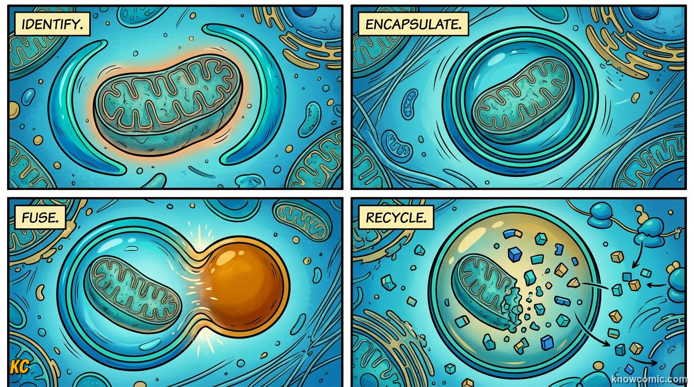 Comic panel about lysosomes: recycler: Phagocytosis: Eat The Invader, Self-Recycling, educational kids illustration