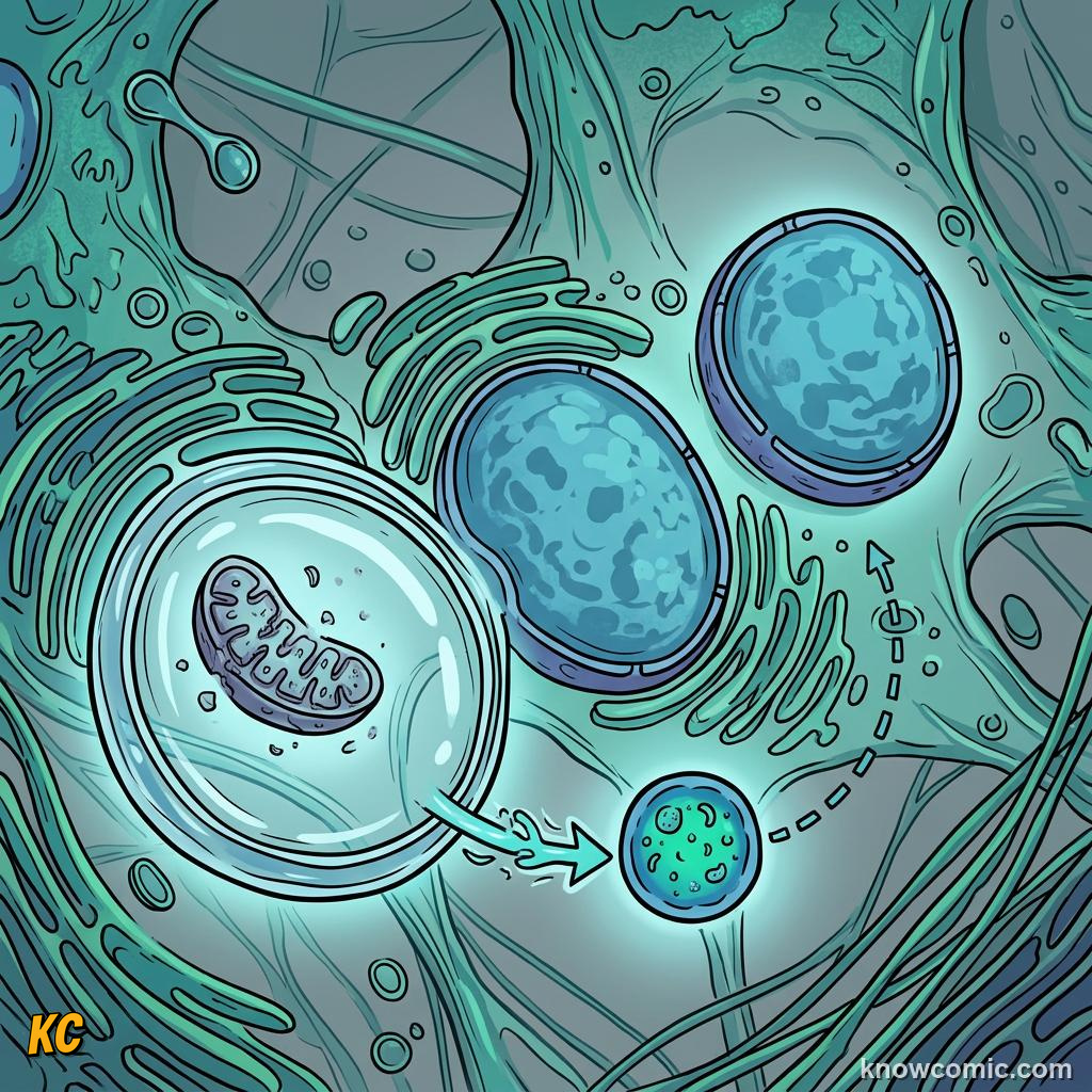 Comic panel about lysosomes: recycler: Fuse &Amp; Digest, educational kids illustration