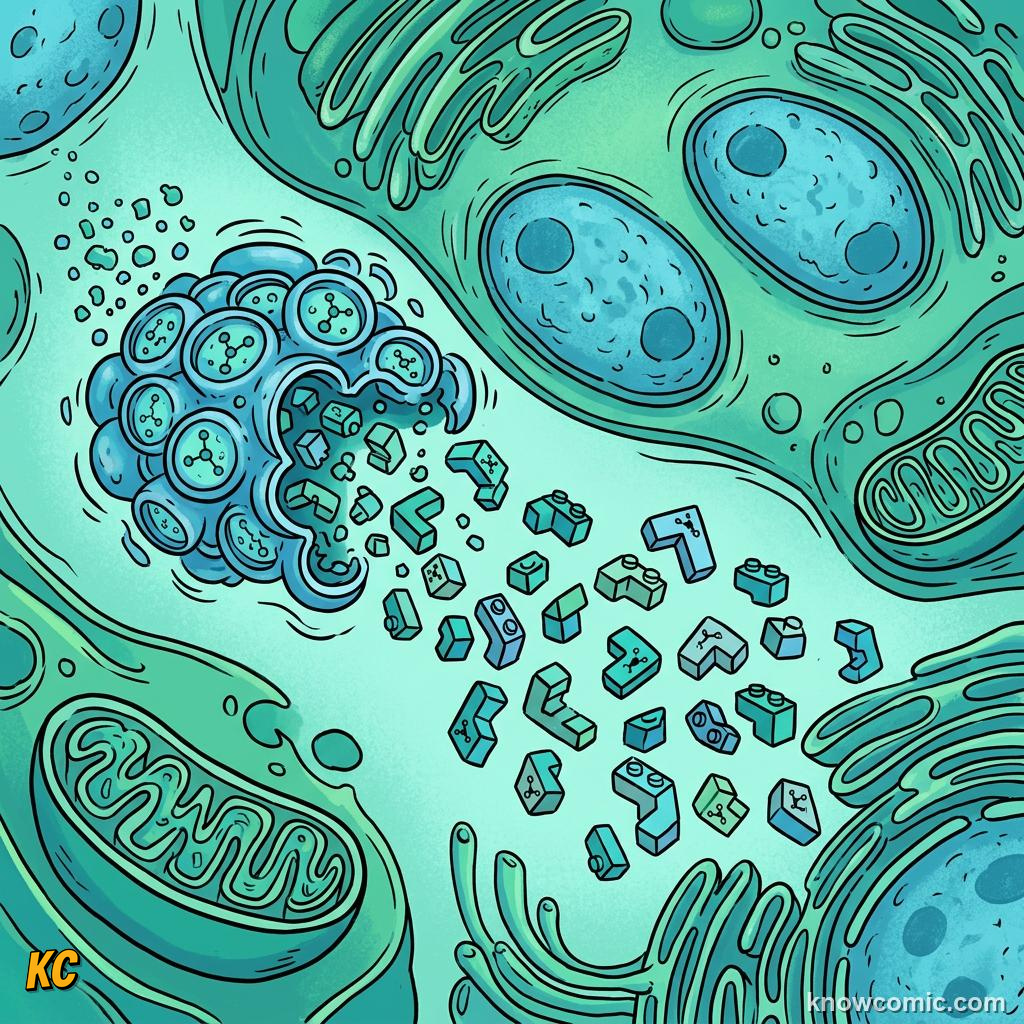 Comic panel about lysosomes: recycler: Rebuild, educational kids illustration