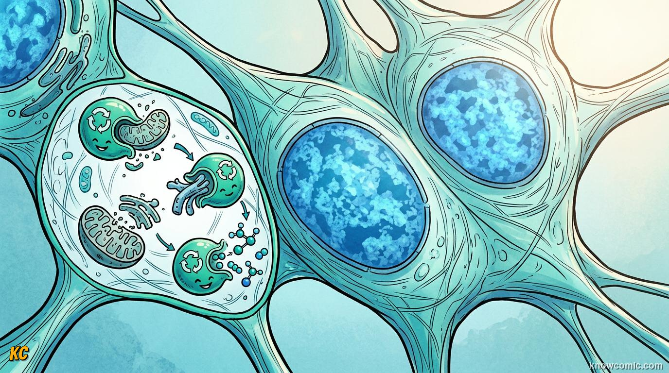 Comic panel about lysosomes: recycler: Full Cycle, educational kids illustration
