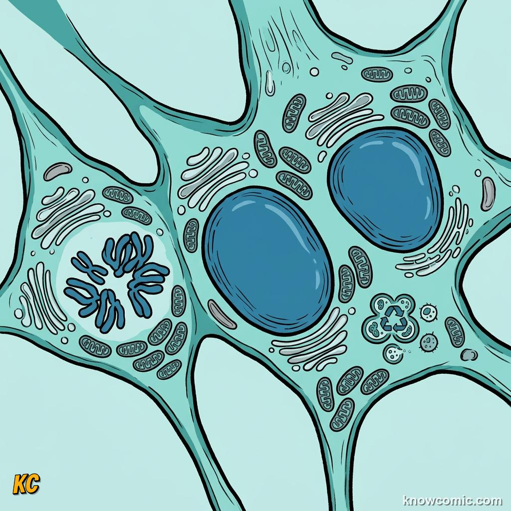 Comic panel about lysosomes: recycler: Lysosomes Keep The Cell Efficient, Golgi Delivery, educational kids illustration
