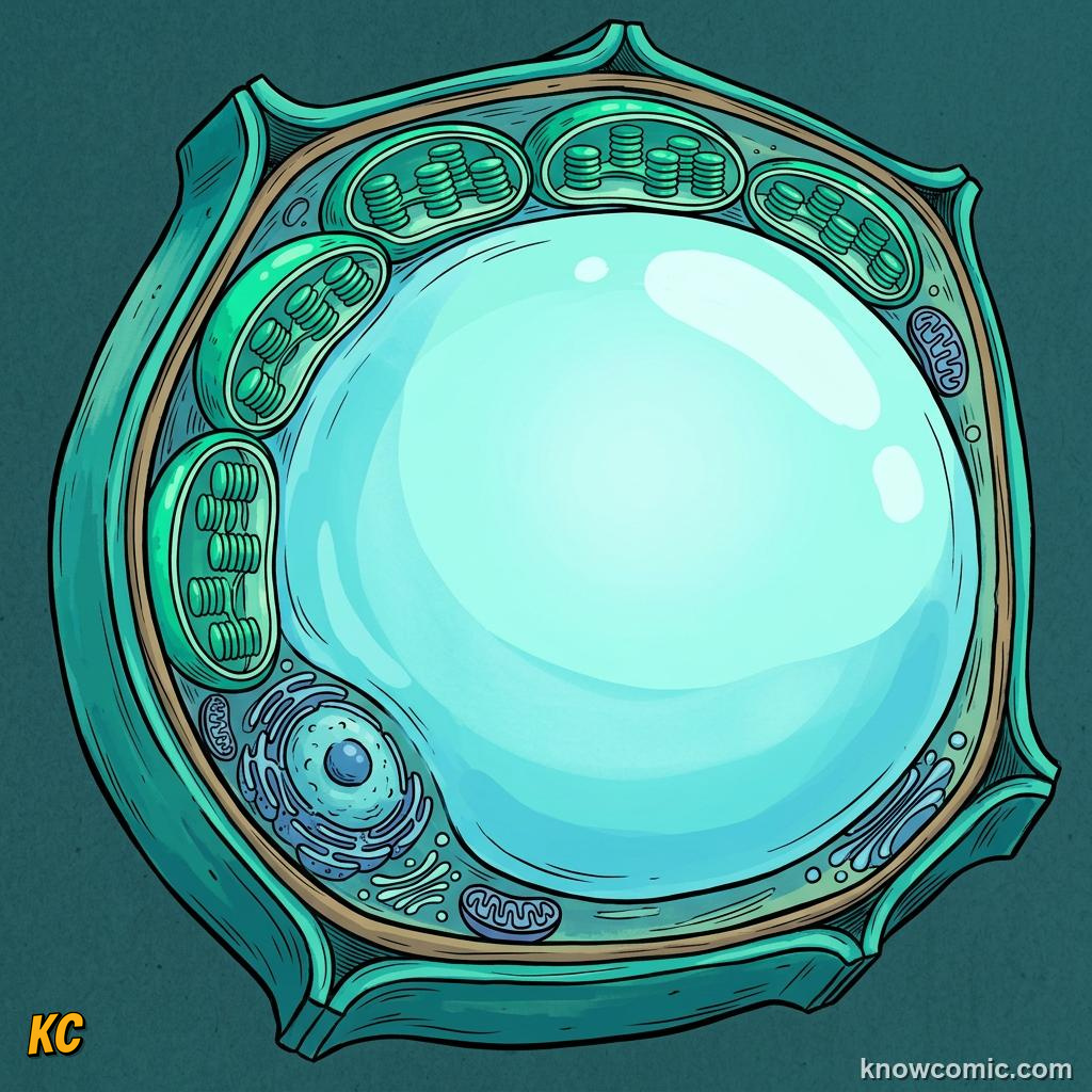 Comic panel about vacuoles: the vault: Store, educational kids illustration