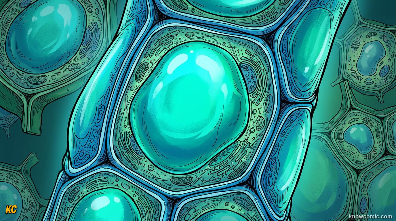 Comic panel about vacuoles: the vault: Giant Tank, educational kids illustration