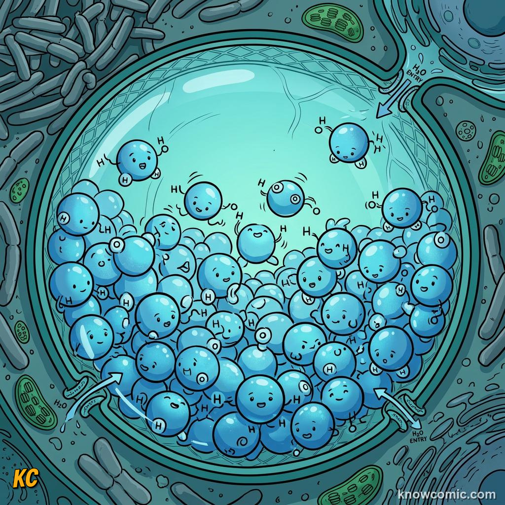 Comic panel about vacuoles: the vault: One Big Vault Dominates, Cell Sap, educational kids illustration