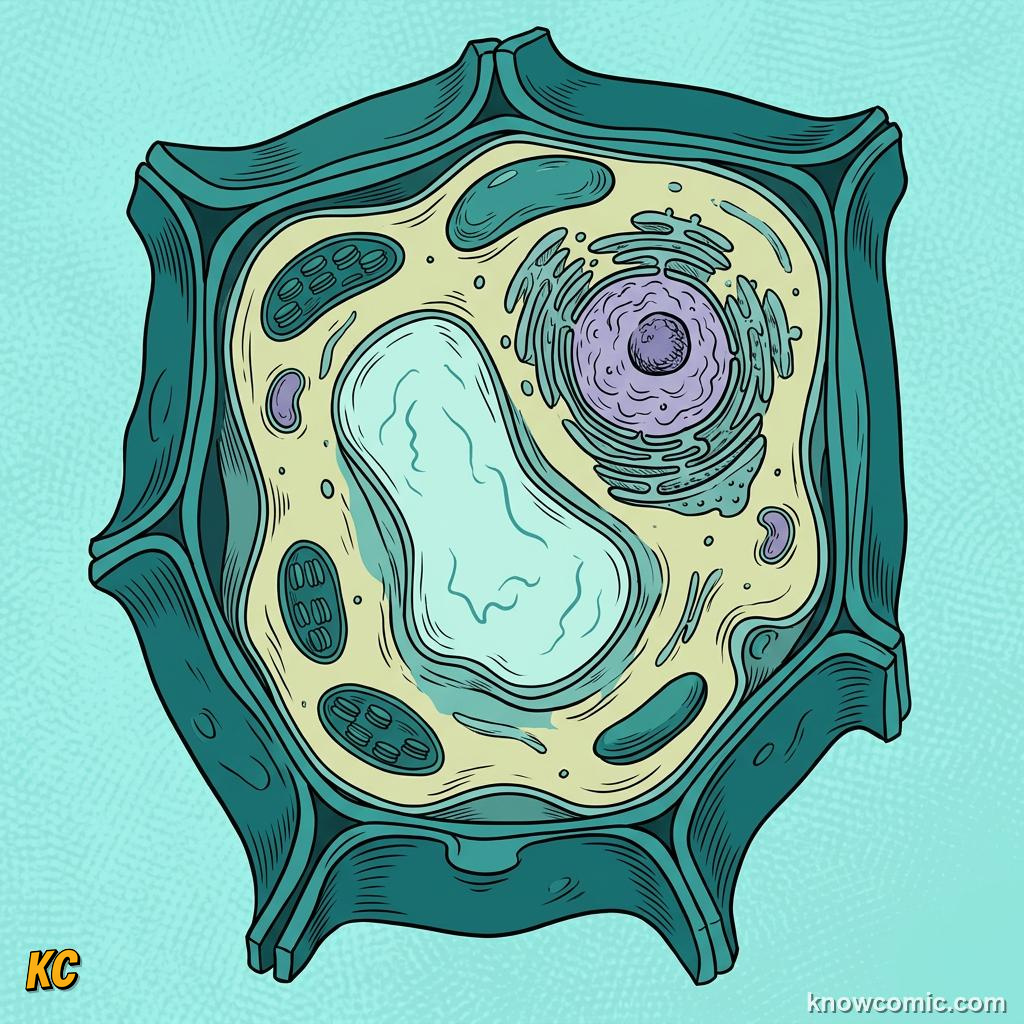 Comic panel about vacuoles: the vault: Pigments, educational kids illustration
