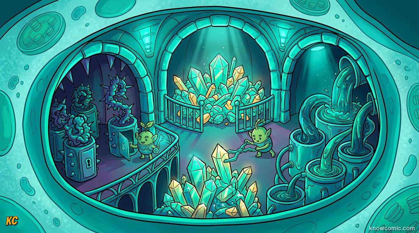 Comic panel about vacuoles: the vault: Stand Tall, educational kids illustration