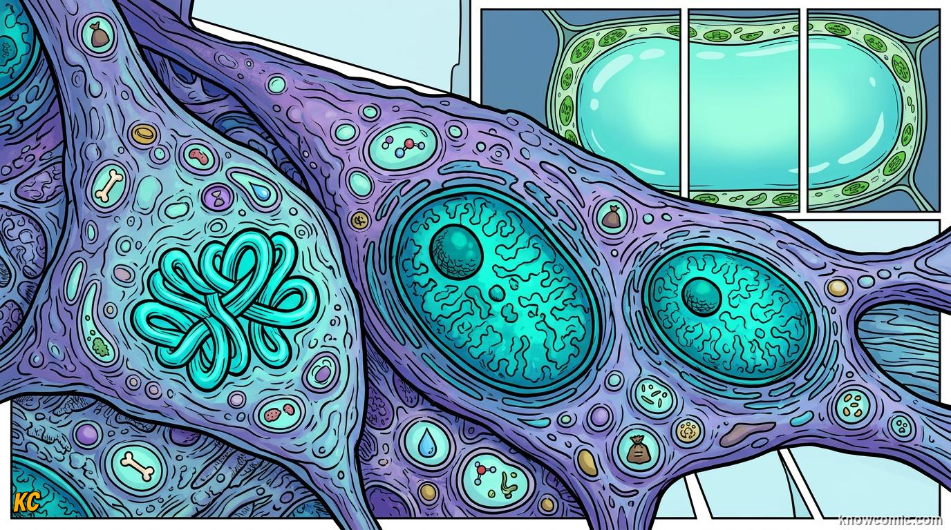 Comic panel about vacuoles: the vault: Turgor Keeps Plants Upright, Smaller Vaults, educational kids illustration