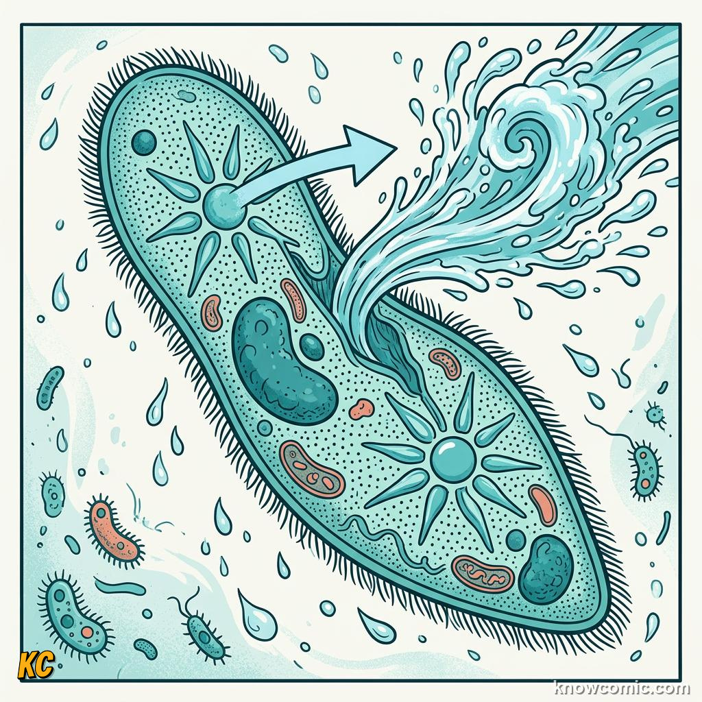 Comic panel about vacuoles: the vault: Animal Cells Use Tiny Vaults, Nutrients, educational kids illustration