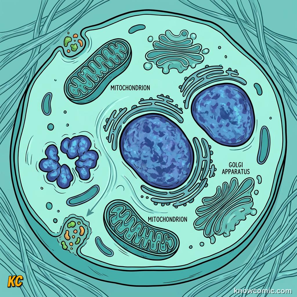 Comic panel about vacuoles: the vault: Waste, educational kids illustration