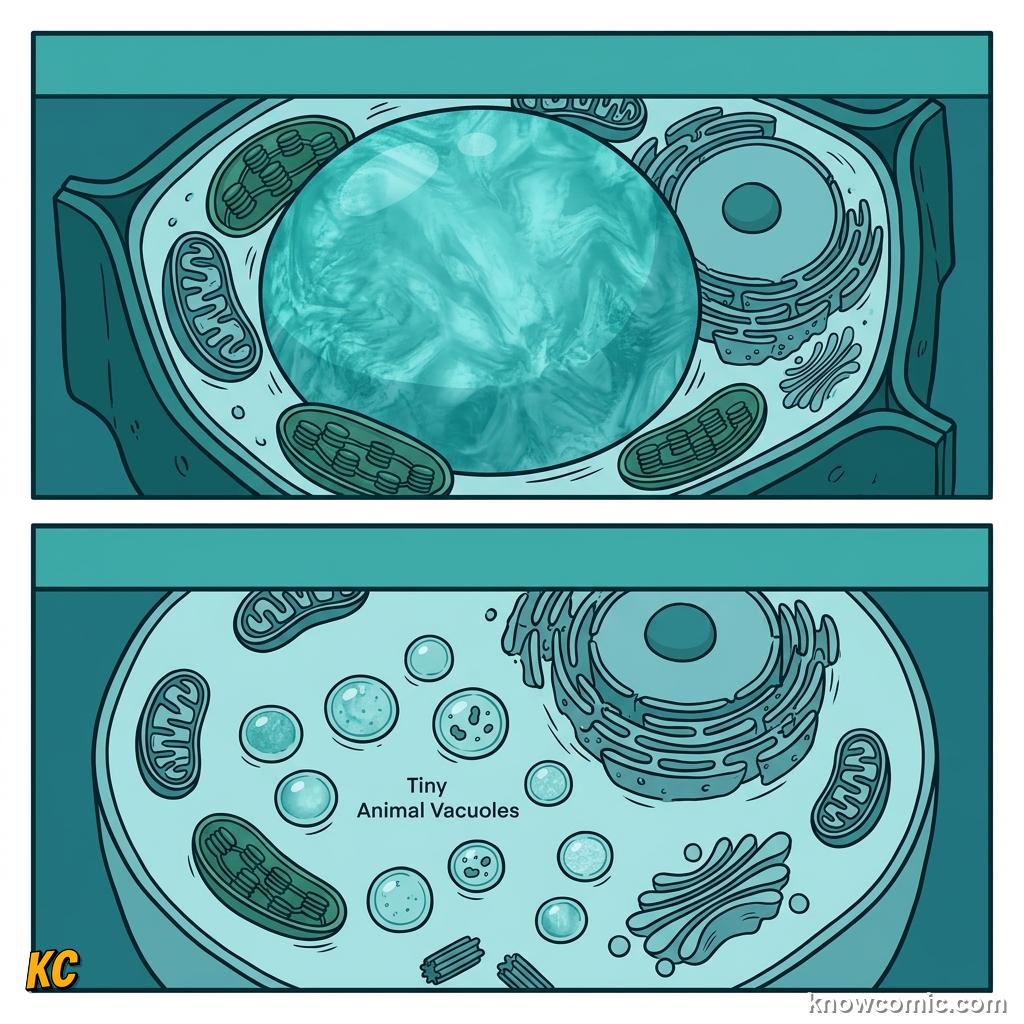Comic panel about vacuoles: the vault: Contractile, educational kids illustration