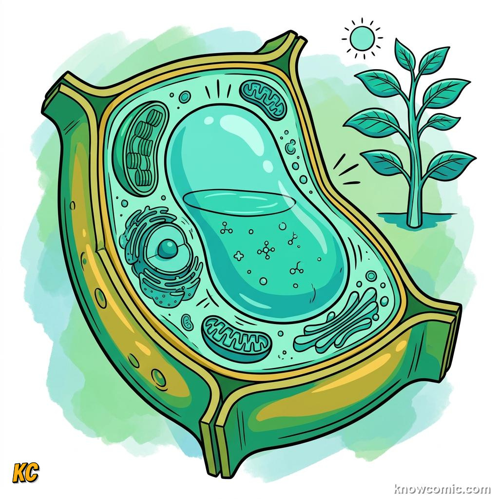 Comic panel about vacuoles: the vault: Vacuoles Keep Life Organized, Compare, educational kids illustration