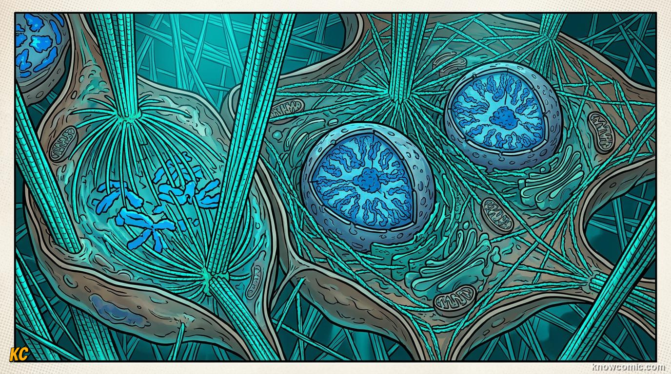 Comic panel about cytoskeleton: skyscraper: The Hook, educational kids illustration