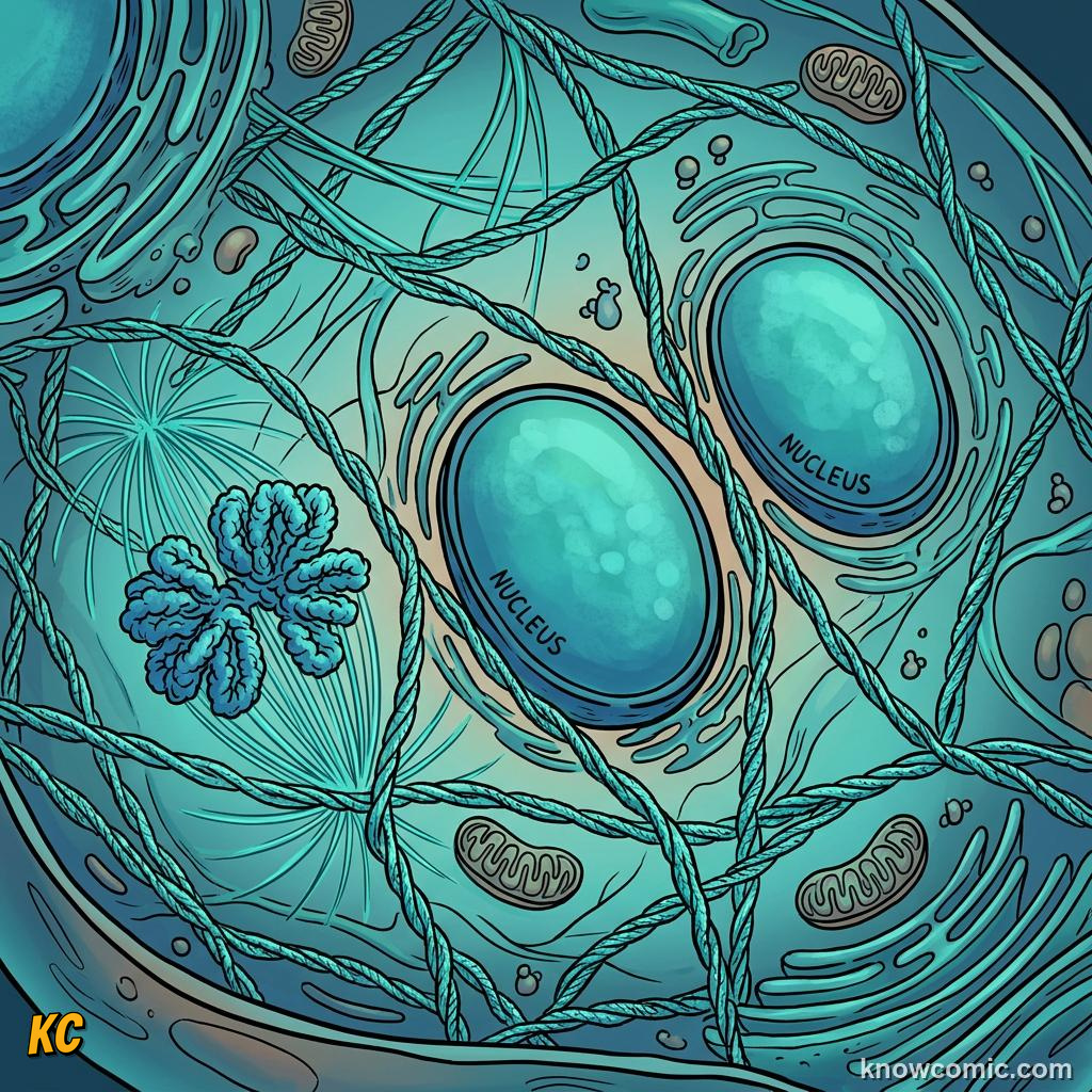 Comic panel about cytoskeleton: skyscraper: Tracks, educational kids illustration