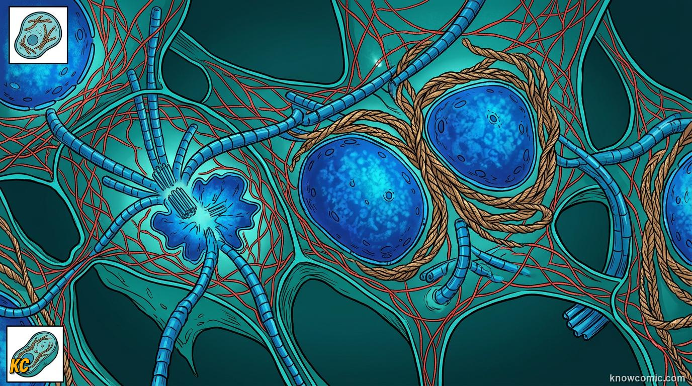 Comic panel about cytoskeleton: skyscraper: Three Building Blocks, educational kids illustration