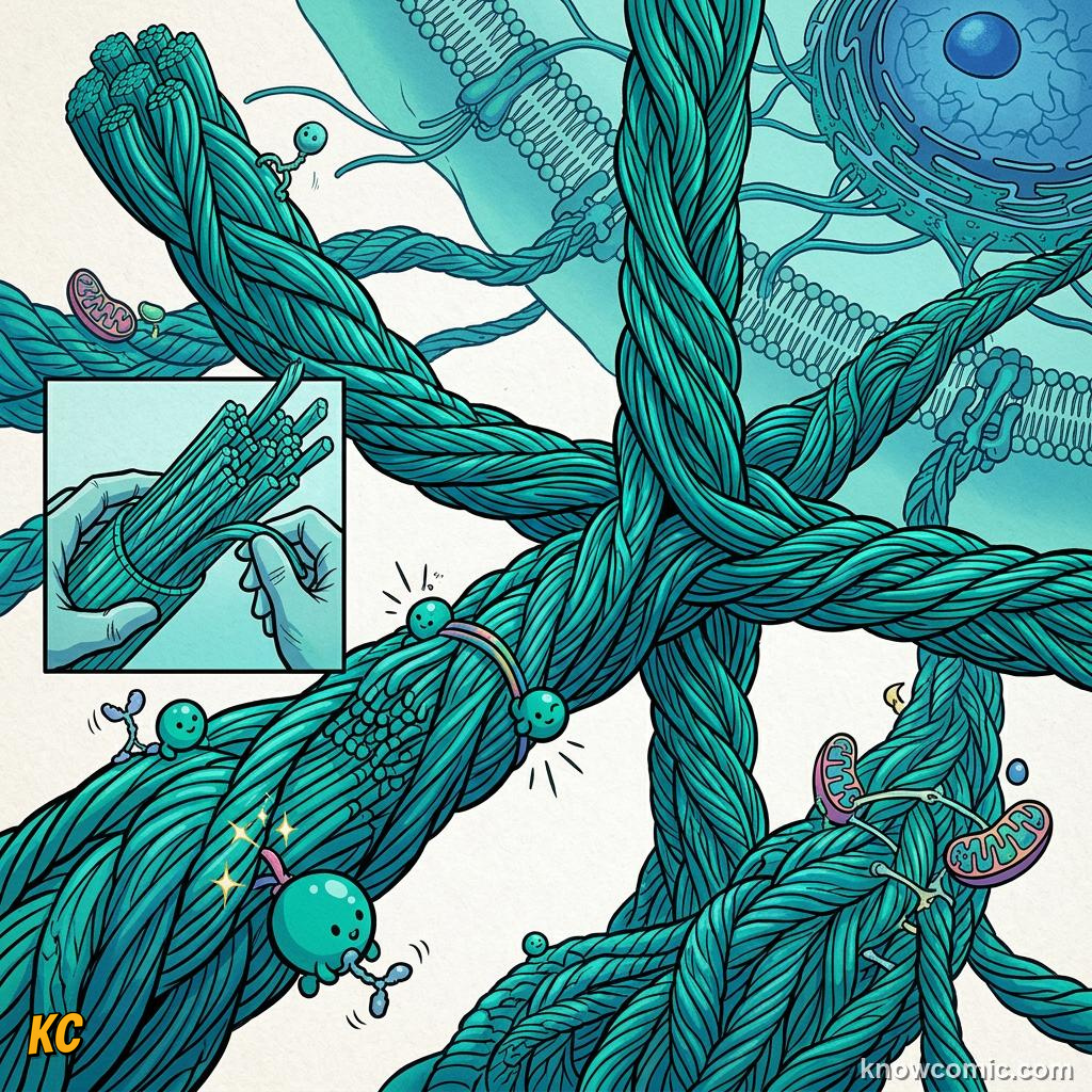 Comic panel about cytoskeleton: skyscraper: Microtubules, Actin, Intermediate, educational kids illustration