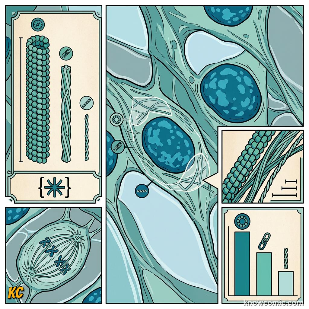 Comic panel about cytoskeleton: skyscraper: Actin, educational kids illustration