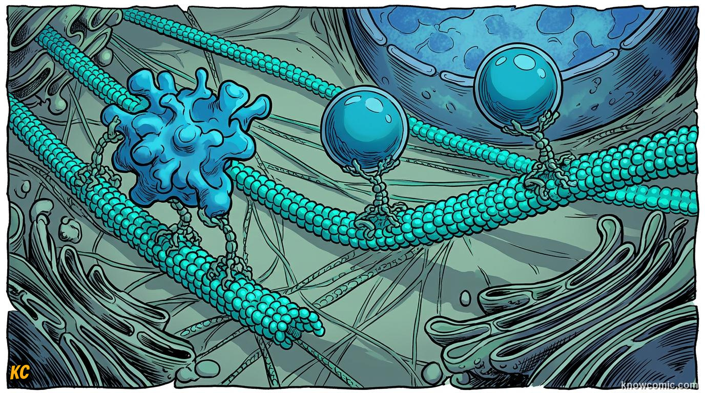 Comic panel about cytoskeleton: skyscraper: Motor Crew, educational kids illustration