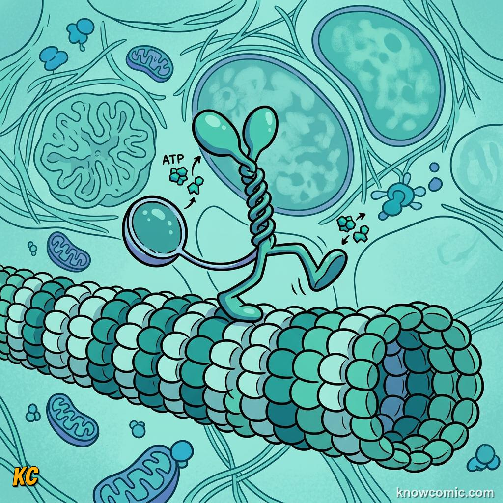 Comic panel about cytoskeleton: skyscraper: Kinesin, educational kids illustration
