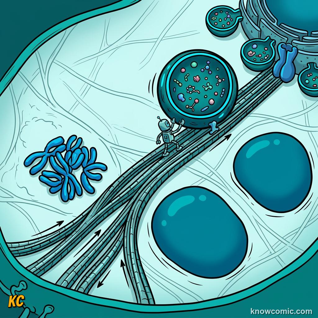 Comic panel about cytoskeleton: skyscraper: Dynein, educational kids illustration