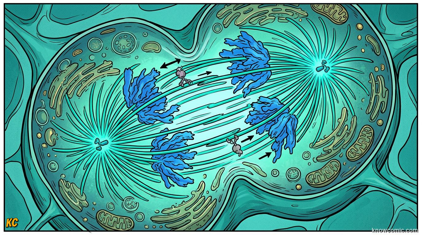 Comic panel about cytoskeleton: skyscraper: Proteins That Walk The Tracks, Spindle Power, educational kids illustration