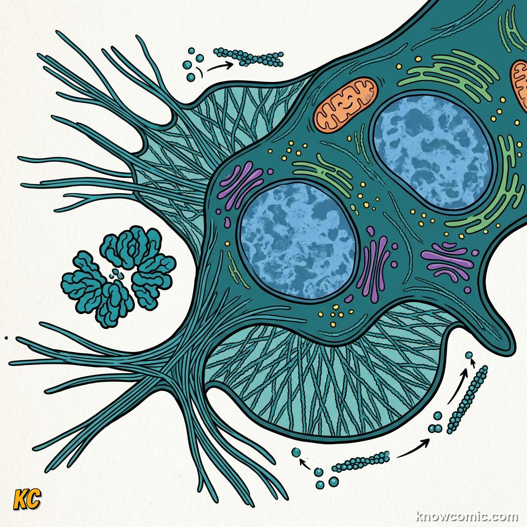 Comic panel about cytoskeleton: skyscraper: Crawl, educational kids illustration