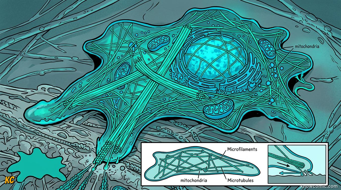 Comic panel about cytoskeleton: skyscraper: Frame &Amp; Function, educational kids illustration