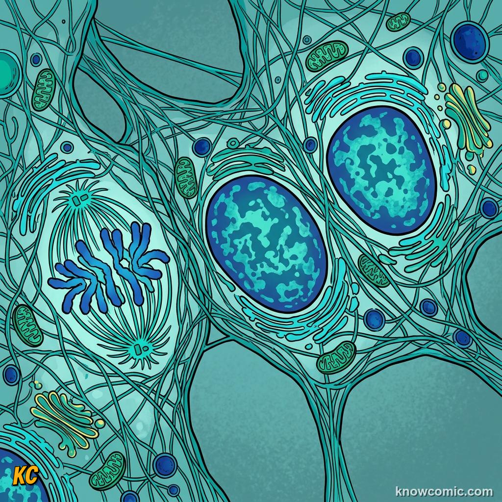 Comic panel about cytoskeleton: skyscraper: The Cytoskeleton Holds It All Together, Roles, educational kids illustration