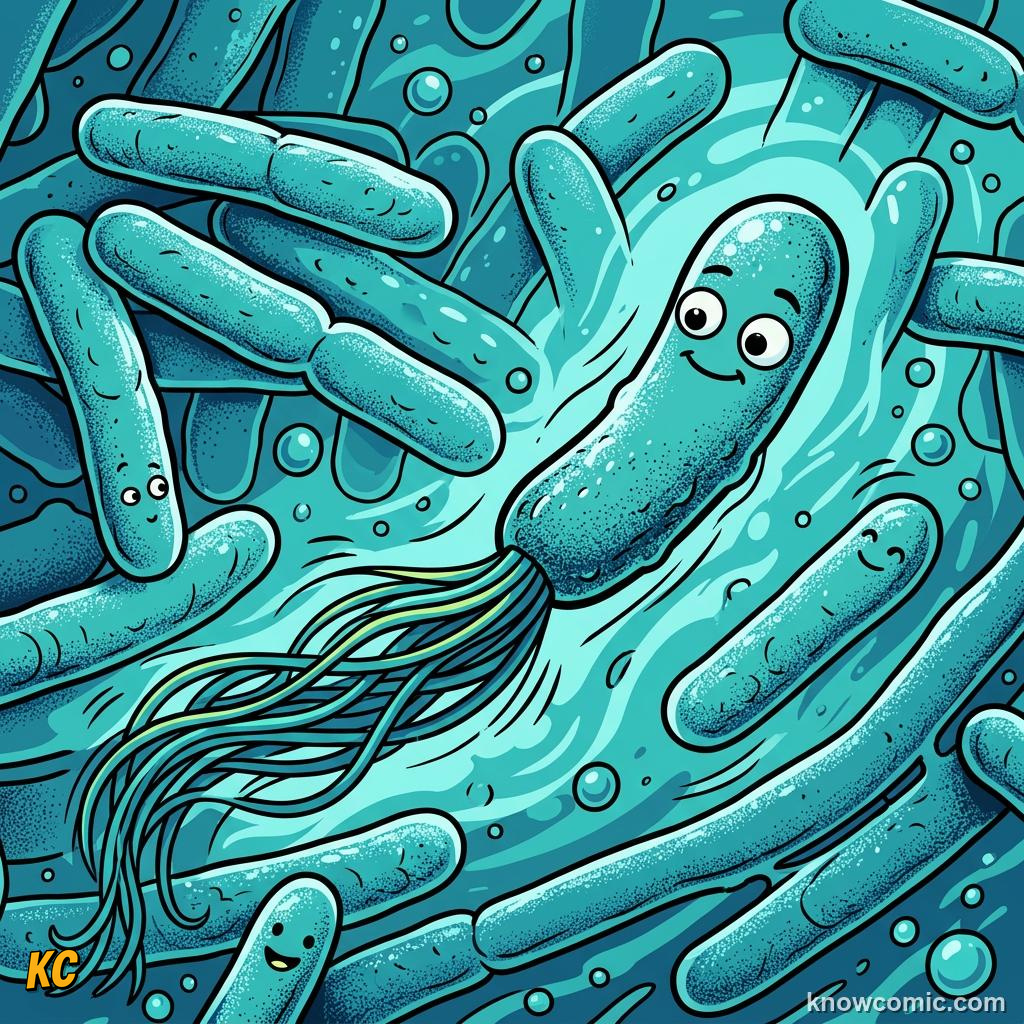 Comic panel about prokaryotic pioneers: Flagella, educational kids illustration