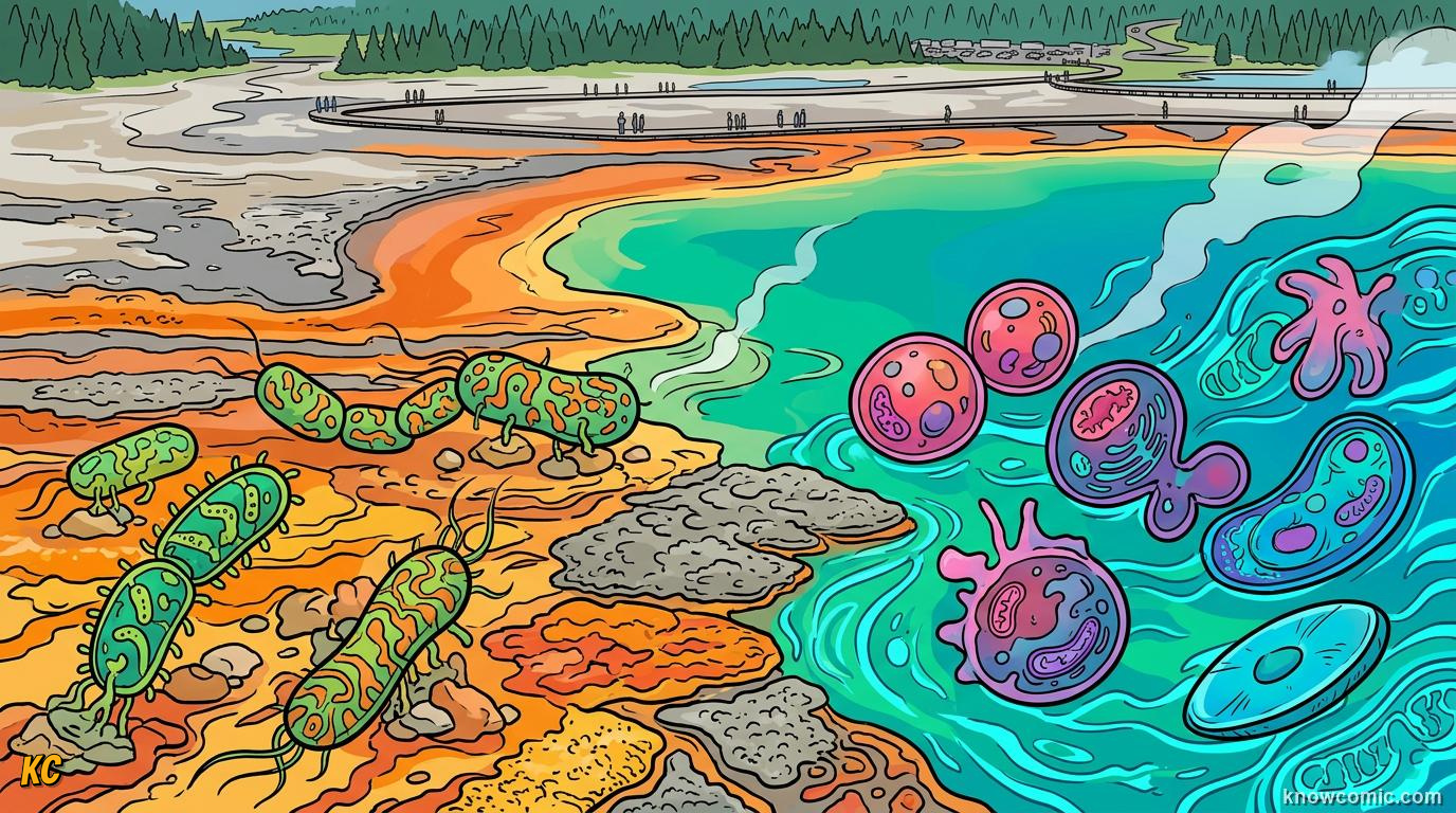 Comic panel about prokaryotic pioneers: Two Prokaryote Teams, educational kids illustration