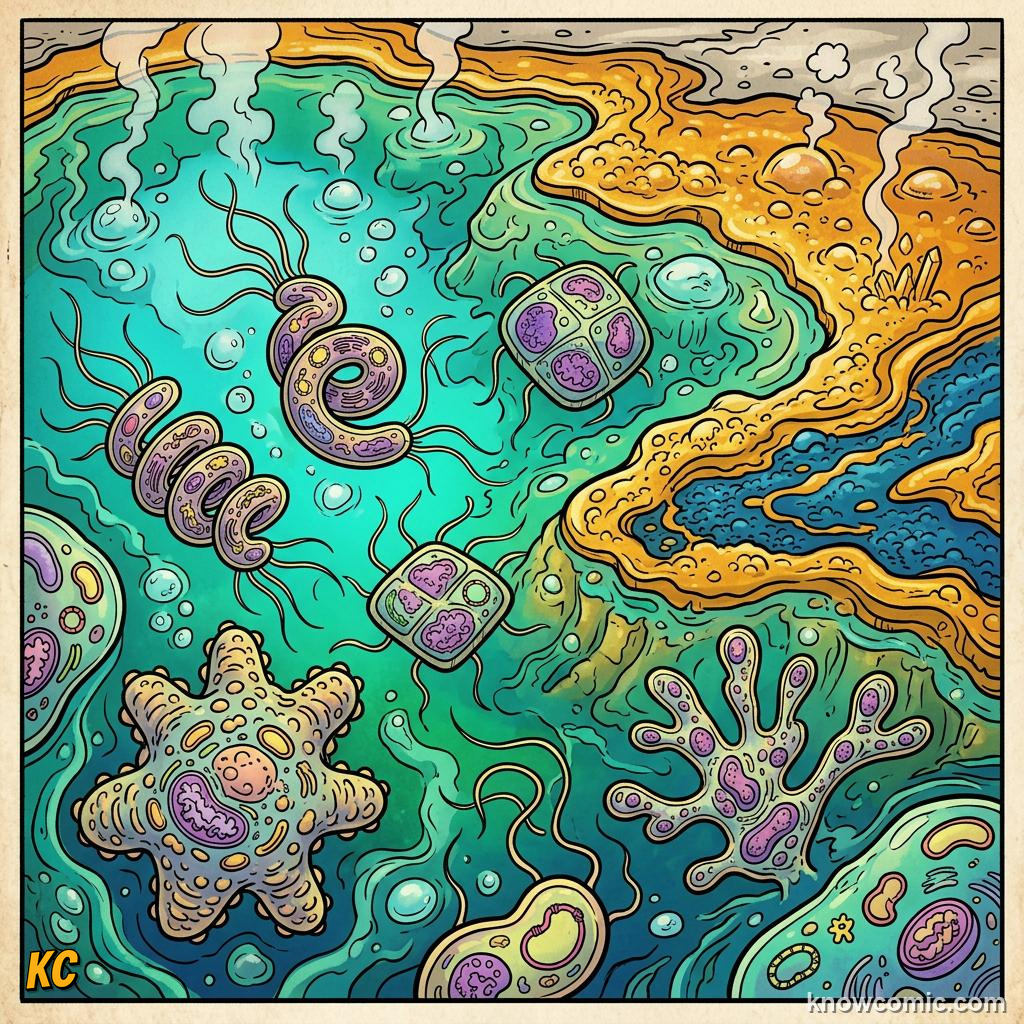 Comic panel about prokaryotic pioneers: Archaea, educational kids illustration