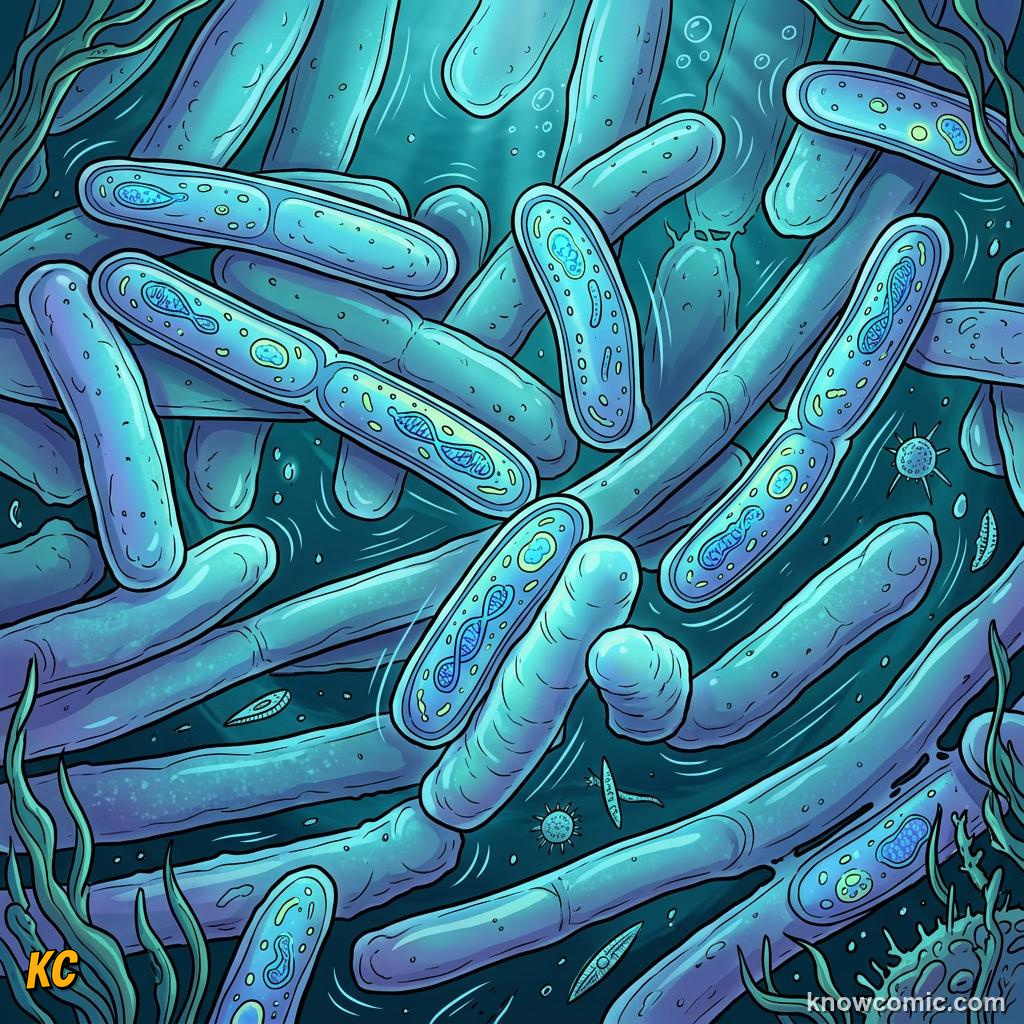 Comic panel about prokaryotic pioneers: Everywhere, educational kids illustration