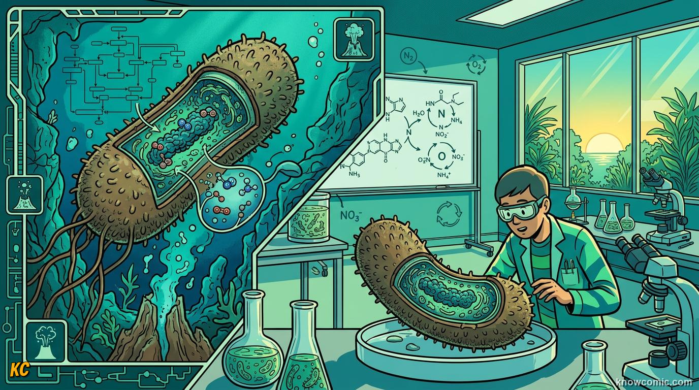 Comic panel about prokaryotic pioneers: Still Running The Show, educational kids illustration